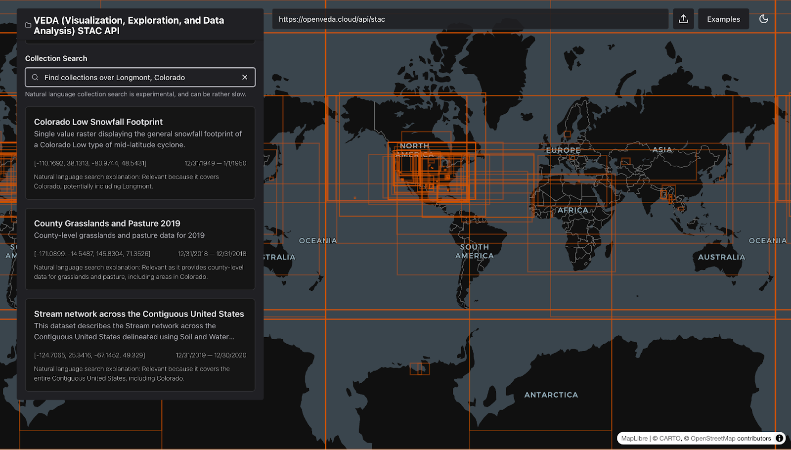 Natural language Collection search of the VEDA STAC API